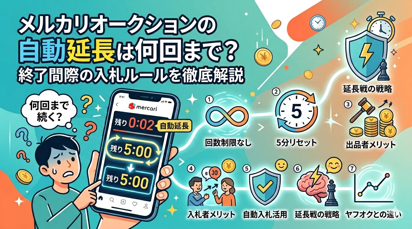 メルカリオークションの自動延長は何回まで？終了間際の入札ルールを徹底解説